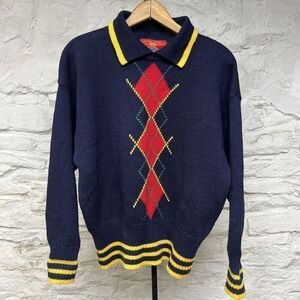 Vtg 90s Espirit Sport Knit Wool Collared Argyle Pullover Sweater Preppy School